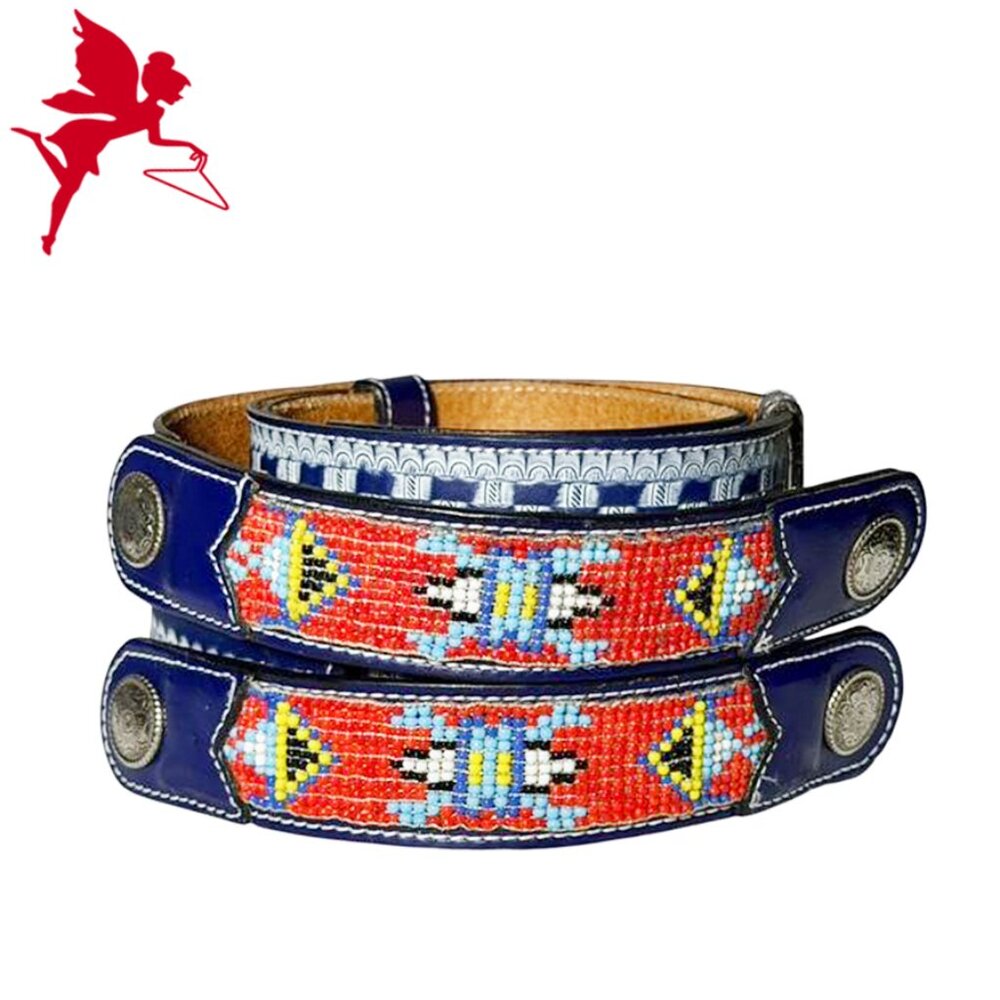 VINTAGE Southwestern Aztec Pattern Wide Double Buckle Leather and Seed Bead Belt